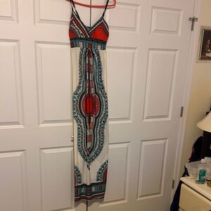Bohemian Maxi Dress with Red and Blue Patterns